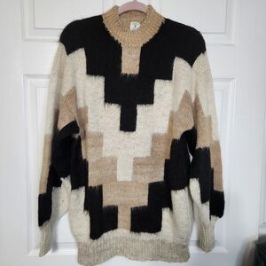 Vintage Mens Alpaca Crewneck Sweater - Black, Cream, Tan